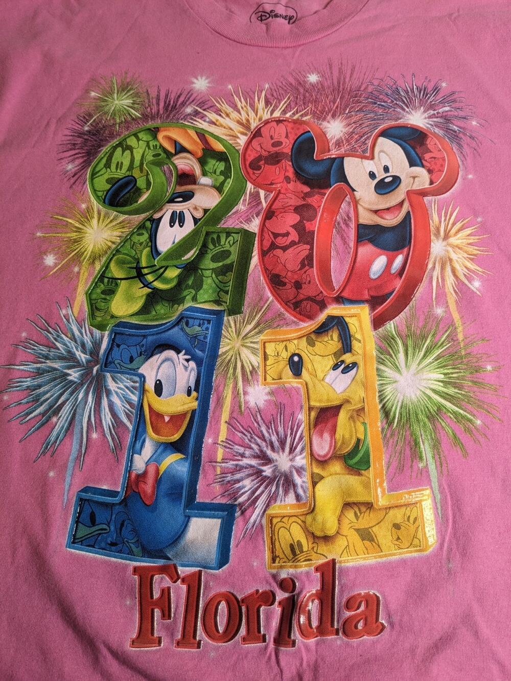 Disney 2011 Florida T-Shirt XL Mickey Pluto Donald Goofy Pink Textured Adult Tee